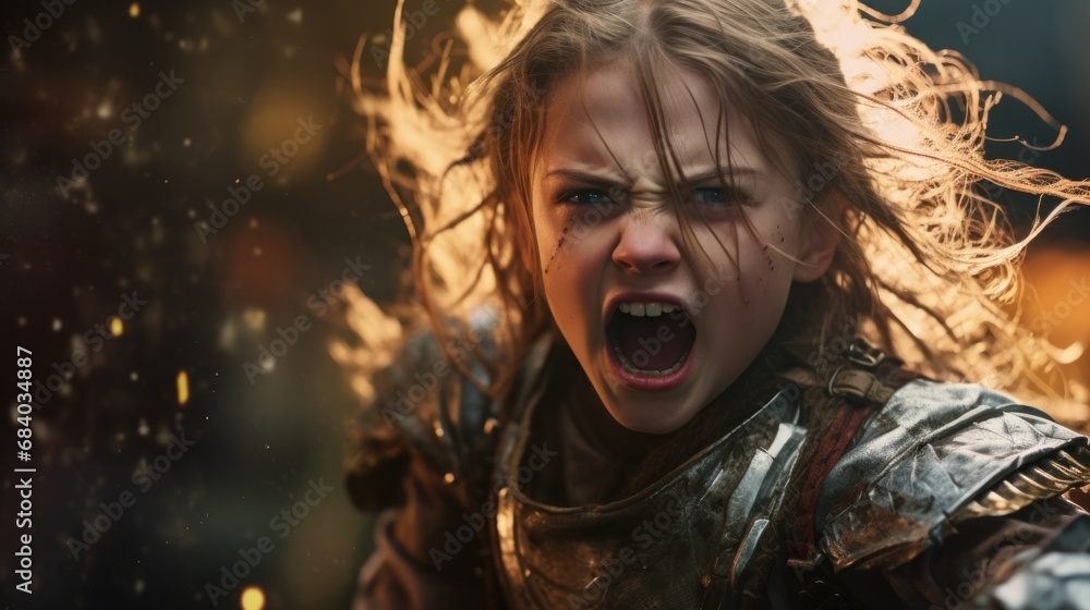 a girl in armor with her mouth open
