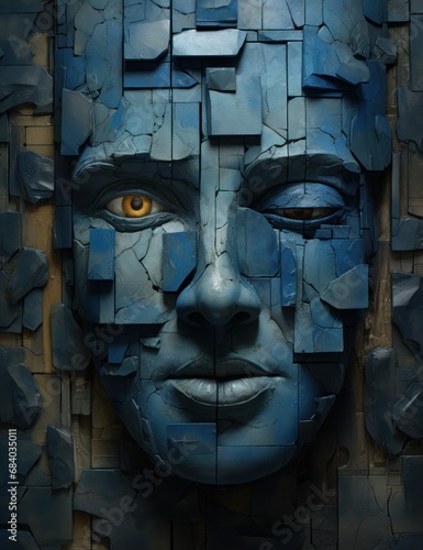 a face made of blue bricks