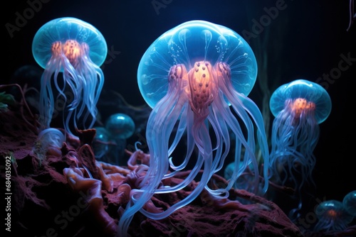 a group of jellyfish in water photo