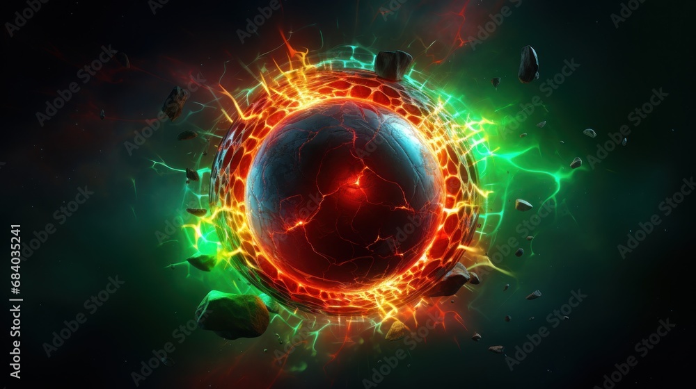 a red and green glowing sphere with rocks around it a red and green glowing sphere with rocks around it