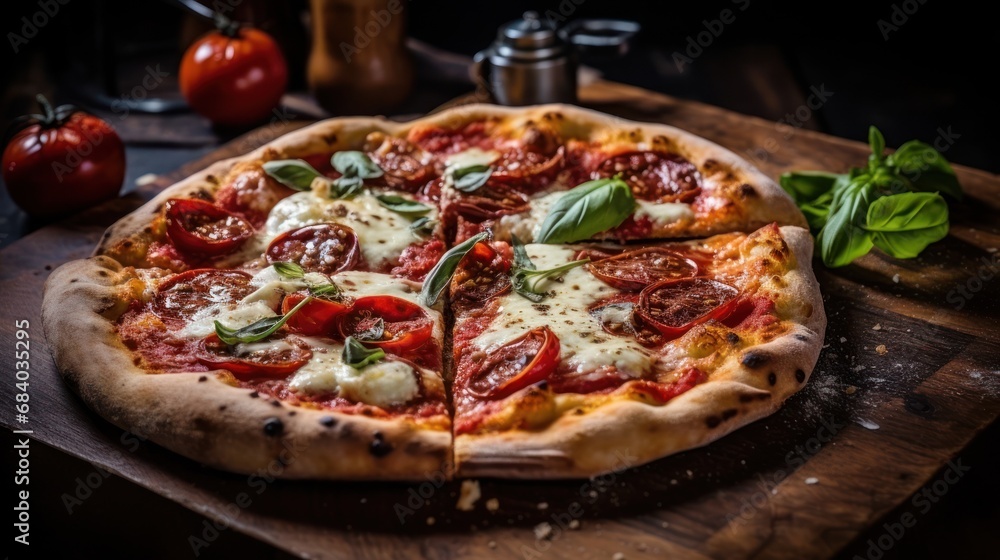 a pizza with tomatoes and basil on a wooden surface