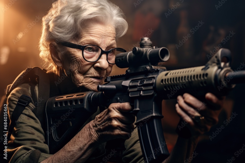 an old woman holding a gun - obrazy, fototapety, plakaty 