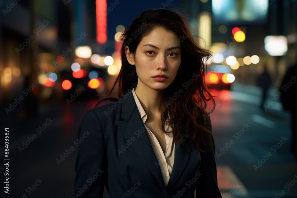 a woman in a suit standing on a street at night a woman in a suit standing on a street at night