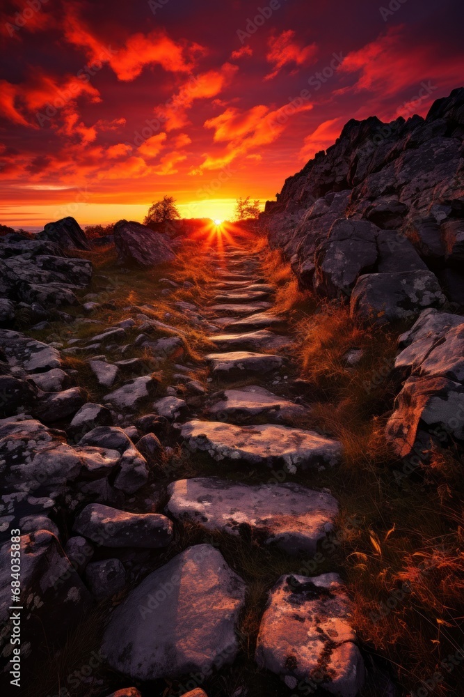 a stone path with a sunset behind it