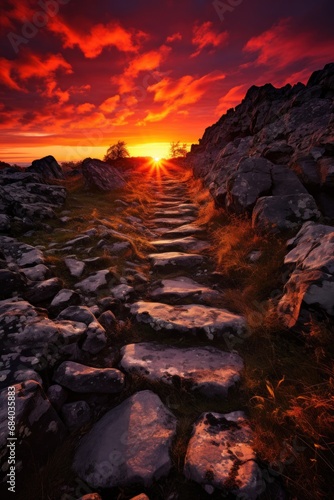 a stone path with a sunset behind it