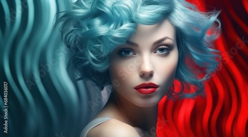 a woman with blue hair and red lipstick