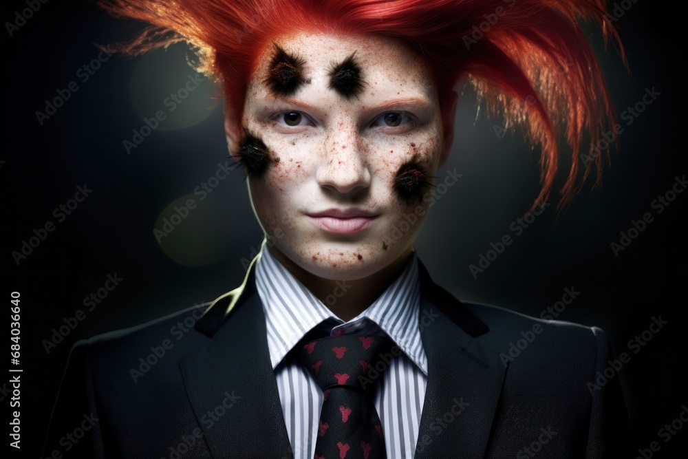Fototapeta premium a person with red hair and black spots on their face