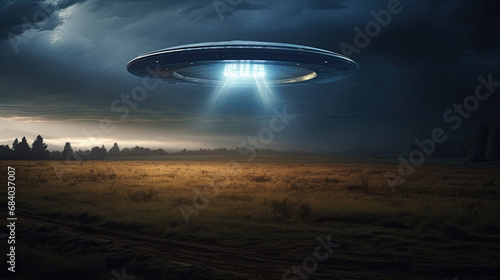 Hovering above a nocturnal field  a UFO captured in a style of a random observer s perspective.