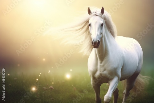 a white horse running in a field © sam