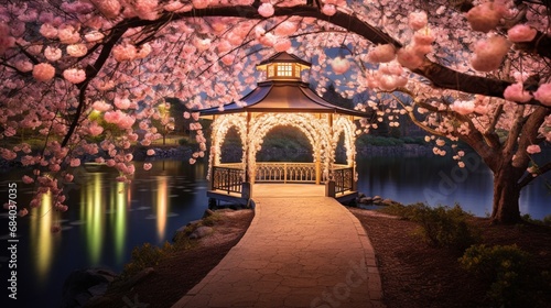 A secluded lakeside gazebo decorated with fairy lights and surrounded by blooming cherry blossom trees.