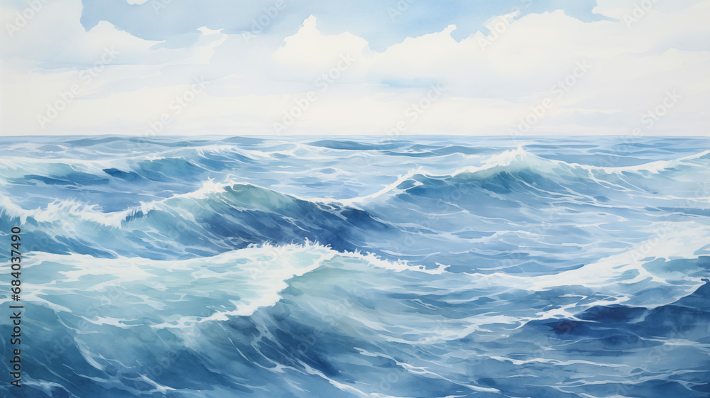 Ocean landscape, watercolour painting of blue sky and waves on the sea Ocean landscape, watercolour painting of blue sky and waves on the sea