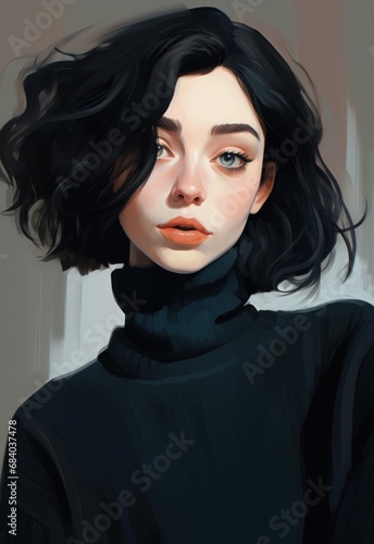 a woman with black hair and a turtleneck
