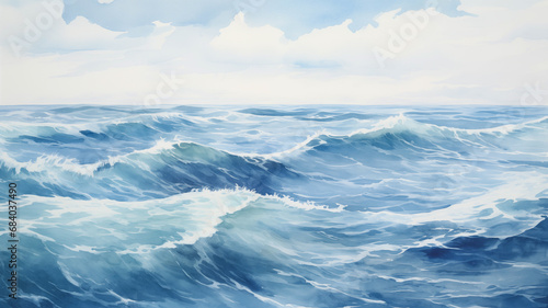 Ocean landscape, watercolour painting of blue sky and waves on the sea