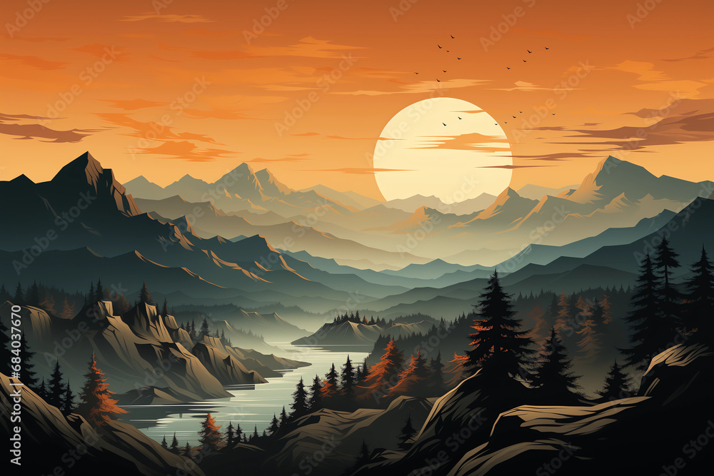 a retro design of a mountain sunset
