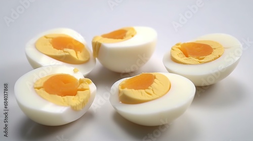 Boiled eggs with apricot jam on a white background.