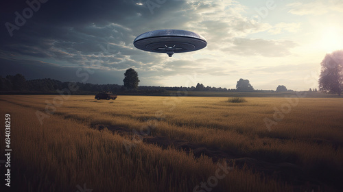 Hovering above a daytime field, a UFO captured in a style of a random observer's perspective.