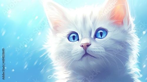 Cute white kitten with blue eyes and fluffy hair in the rain