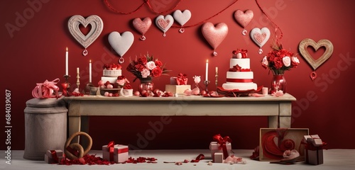 A table adorned with a variety of love-themed ornaments on an empty background.