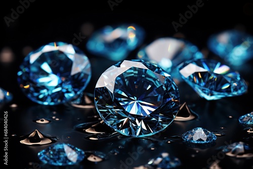 Group of Blue Diamonds on a Table Illuminated by a Background Light Generative AI