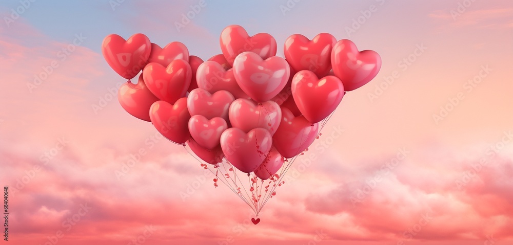 A vivid red heart-shaped balloon bouquet gently floating against a dreamy pastel pink sky, evoking feelings of love and joy.