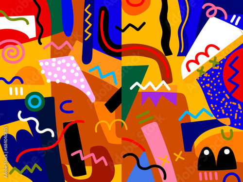 Creative abstract doodle hand drawn art header with different shapes, lines, texture and colorful vector illuatration. Collage design background.