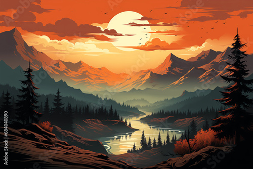 a retro design of a mountain sunset