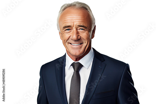 Portrait studio shot of an attractive senior businessman showing positive facial expressions, isolated on a transparent PNG background.