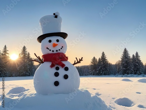 Joyful snowman stands in open fields. This unique figure boasts exceptional details, exuding magic. © Roberto