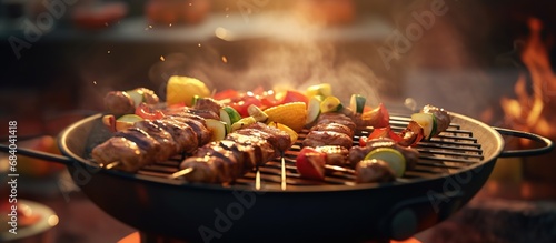 Grilling meat on barbecue grill. Closeup of delicious grilled beef steaks with vegetables on barbecue grill