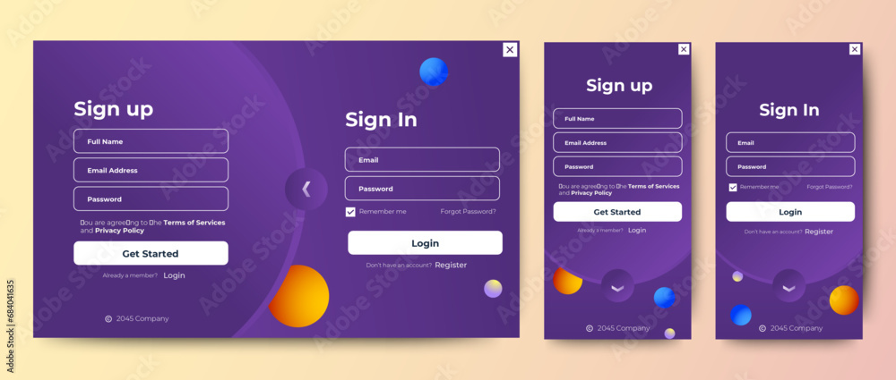 Set of Sign Up and Sign In forms. Blue gradient. Mobile Registration and login forms page. Professional web design, full set of elements. User-friendly design materials.