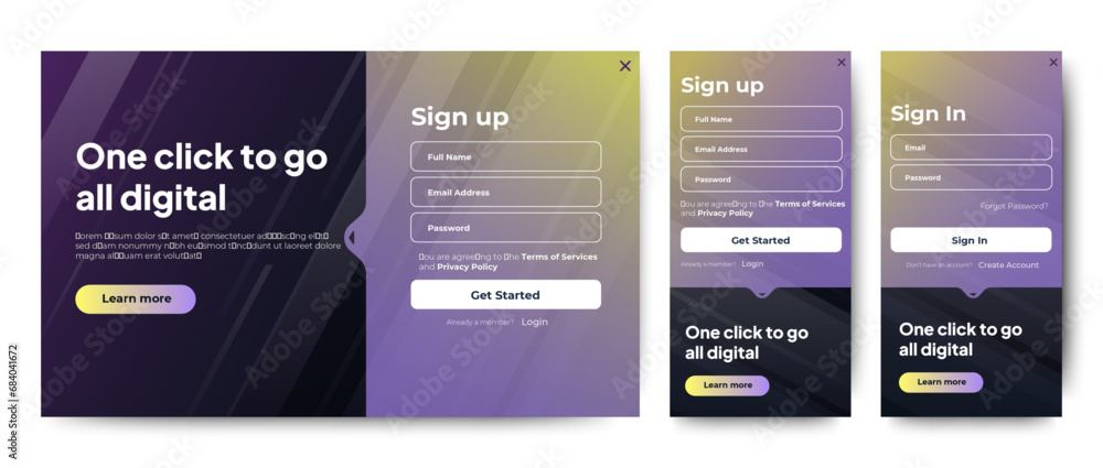 Set of Sign Up and Sign In forms. Black gradient. Mobile Registration and login forms page. Professional web design, full set of elements. User-friendly design materials.
