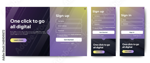 Set of Sign Up and Sign In forms. Black gradient. Mobile Registration and login forms page. Professional web design, full set of elements. User-friendly design materials.
