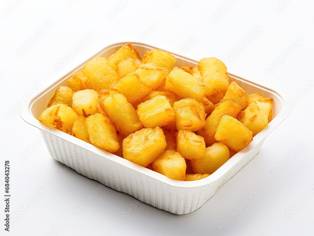 Golden potato chunks in a disposable white container, perfectly fried to a golden hue with a soft, fluffy interior. Ideal for fast food and snack themes, illustrating delicious, quick comfort food Golden potato chunks in a disposable white container, perfectly fried to a golden hue with a soft, fluffy interior. Ideal for fast food and snack themes, illustrating delicious, quick comfort food