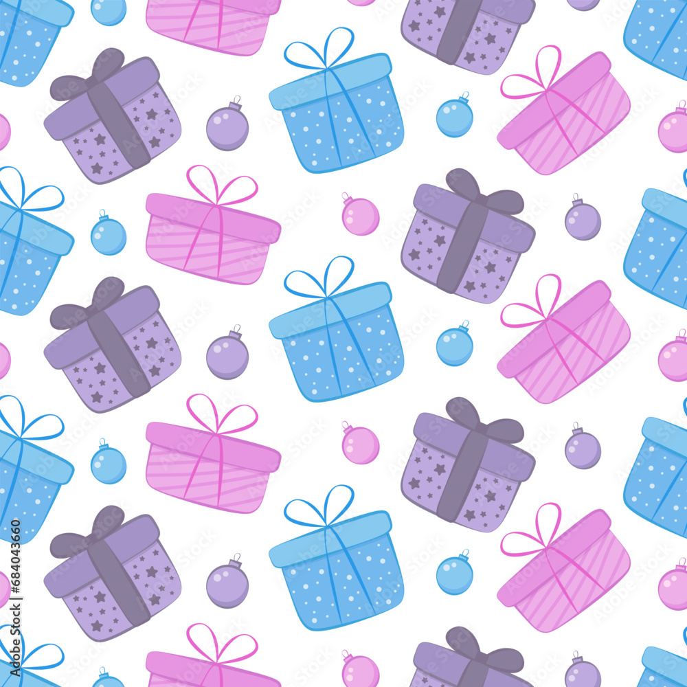 Seamless pattern with gift boxes and christmas balls on white background.