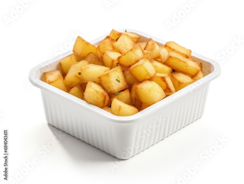 Golden potato chunks in a disposable white container, perfectly fried to a golden hue with a soft, fluffy interior. Ideal for fast food and snack themes, illustrating delicious, quick comfort food