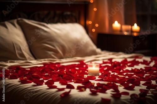 Fresh red rose petals scattered on a cozy, neatly made bed in soft lighting. Rose petals leading to a heart-shaped arrangement in the center.