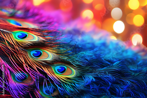 Detailed colorful beautiful peacock tail ,Bright colorful feathers, peacock feather pattern. Bright background photo