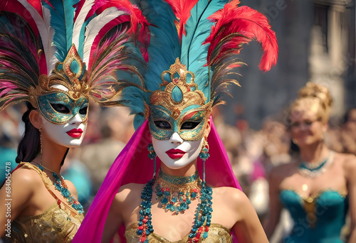 Woman in traditional clothing and Venetian mask at carnival event.