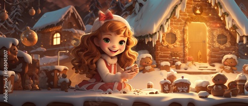 Animated girl enjoying festive holiday village scene. Holiday cheer and warmth. © Postproduction
