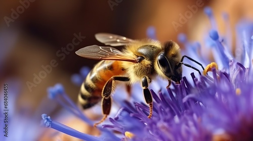 Bee on a purple flower. Macro photo of a bee on a flower