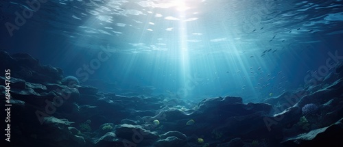 Underwater seascape with sunlight piercing through. Marine life and exploration. photo