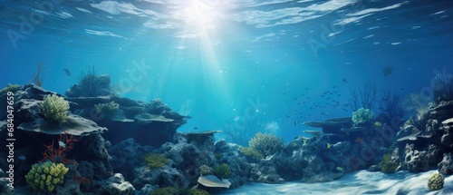 Underwater seascape with coral reef and marine life. Ocean biodiversity and conservation.