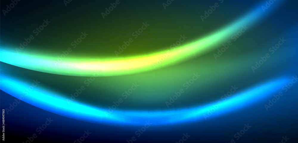Fototapeta premium Dynamic waves in ethereal glow of neon lights. Concept merges fluidity of motion with vibrant allure of neon, crafting entrancing backdrop that embodies both vitality and futuristic sophistication