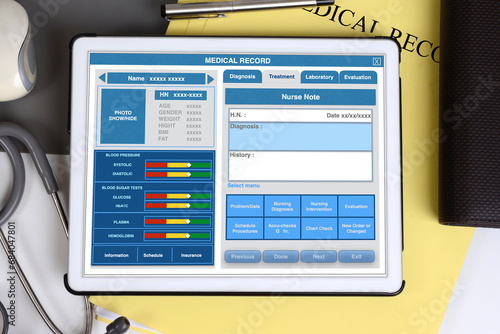 Medical record form showing on electronic tablet screen..medical record form showing on electronic tablet screen.