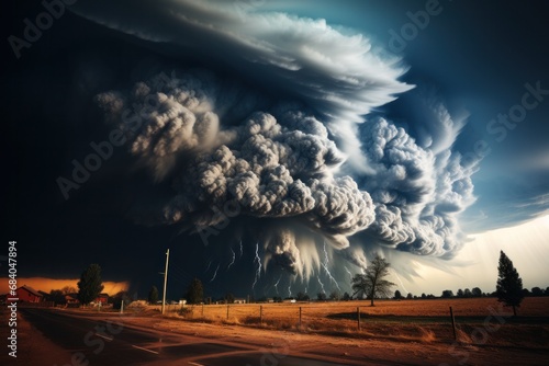huge thundercloud with lightning on a farmer's field and house. property insurance against natural disasters and destruction. 