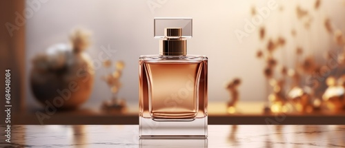 Elegant perfume bottle on marble surface with golden light. Luxury product branding. photo