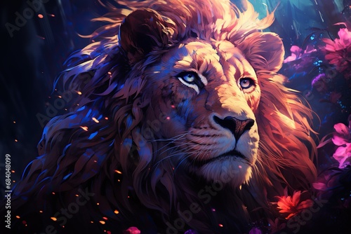A colorful lion with a blue mane and a purple mane lion closeup Generative AI