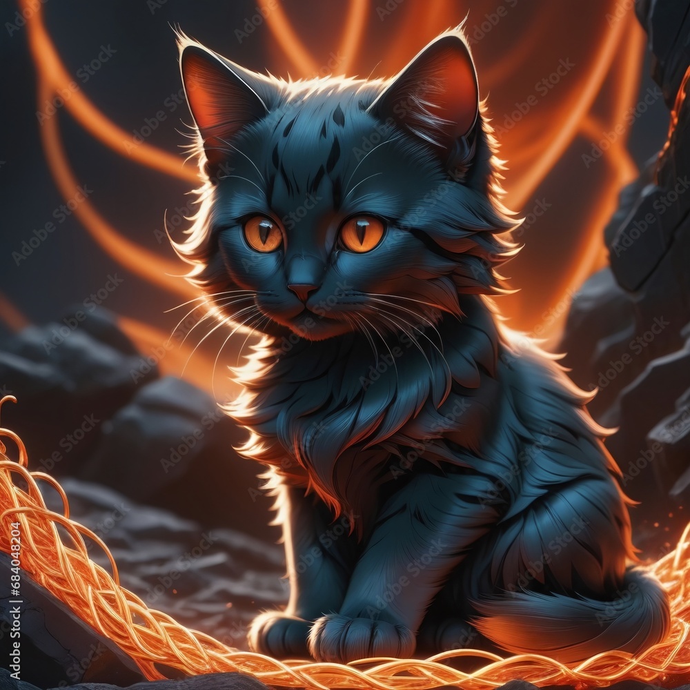 Cat Perched in Cave with Glowing Light and Orange Halo - Detailed Painting, Fantasy Art (Generative AI)