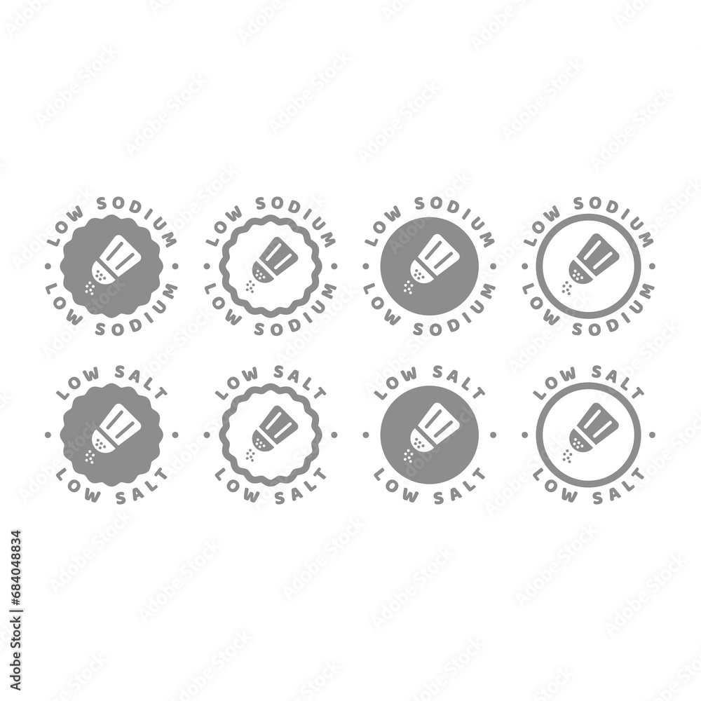 Low salt and sodium vector labels. Heathy eating and food nutrition label set. Low salt and sodium vector labels. Heathy eating and food nutrition label set.