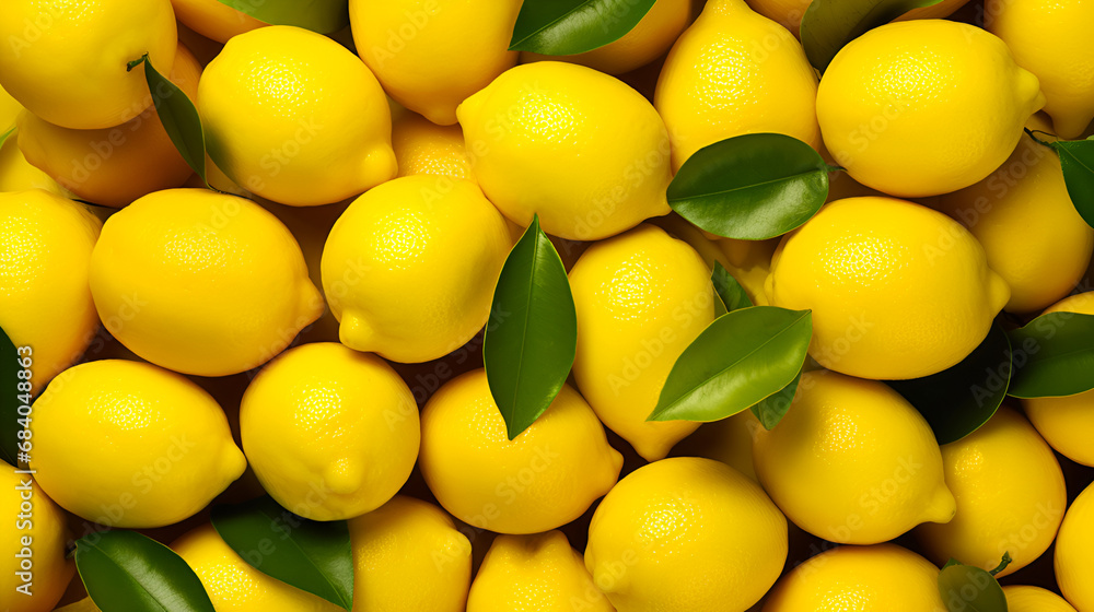Background of fresh lemons with green leaves.